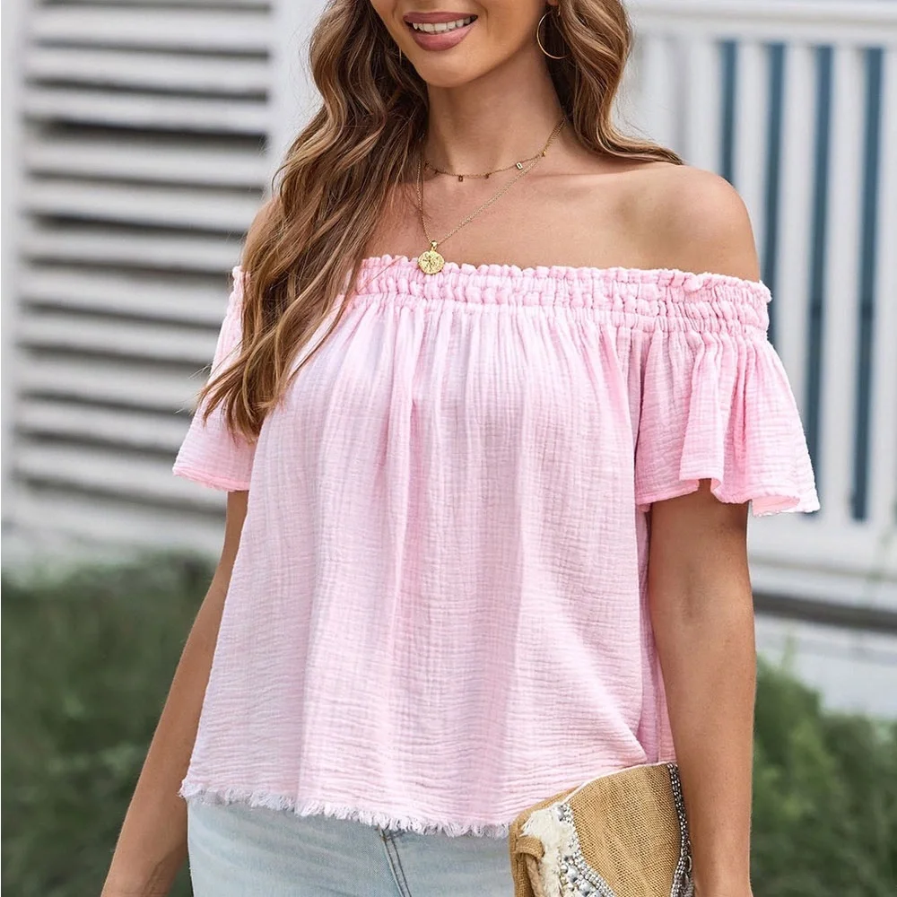 Off-Shoulder Short Sleeve Blouse Soft Cotton - Picture 10 of 13